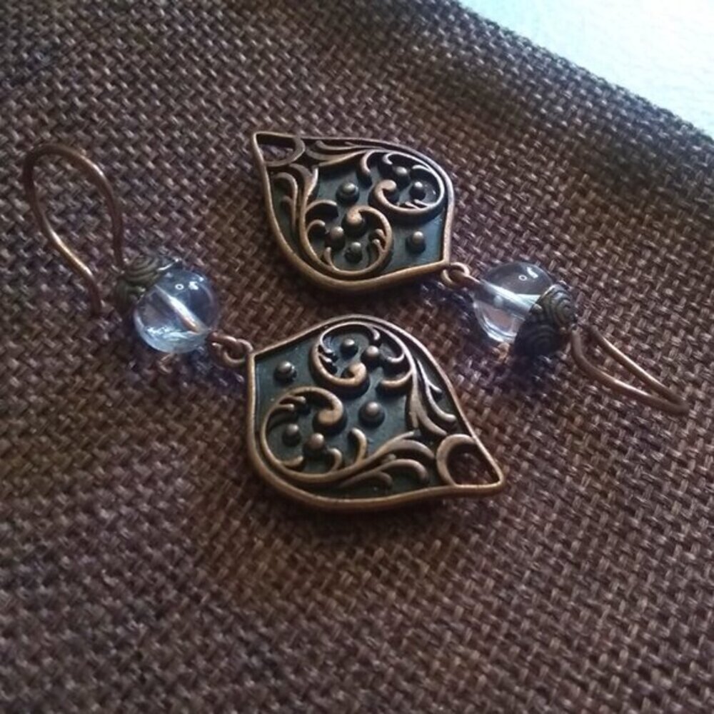 Gorgeous, Heavy & Ornate! Handmade Copper + Clear Quartz Statement Earrings - Picture 5 of 13